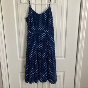 J Crew Polka Dot Dress Womens 4 Navy White A-Line Pleat Sleeveless V-Neck Silk